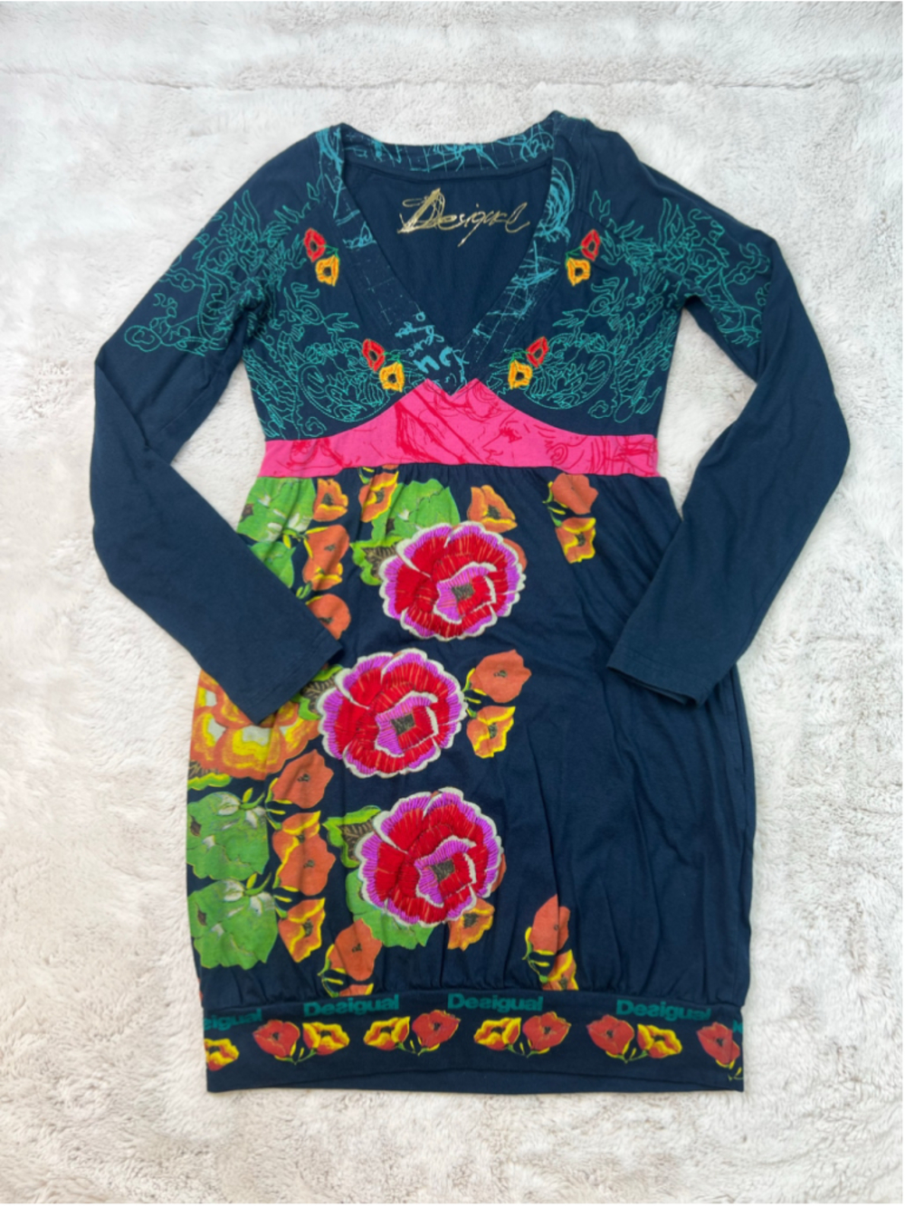 Desigual Dress Size Medium Embroidered Floral Unique Cotton Long Sleeve Vneck